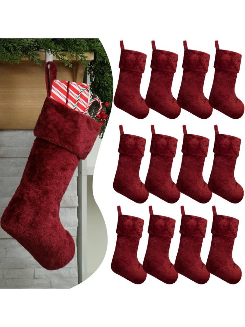 12 Pcs 18" Plush Christmas Stockings Set, Burgundy Holiday Decor, Festive Gifts